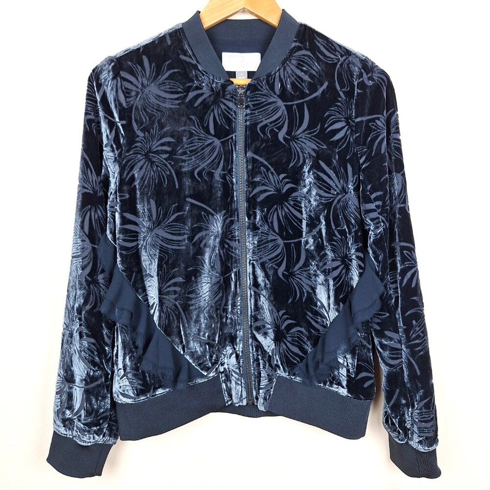 Chelsea28, Olivia Palermo Velvet Burnout Bomber Jacket Size S. Blue Ruffle Edgy